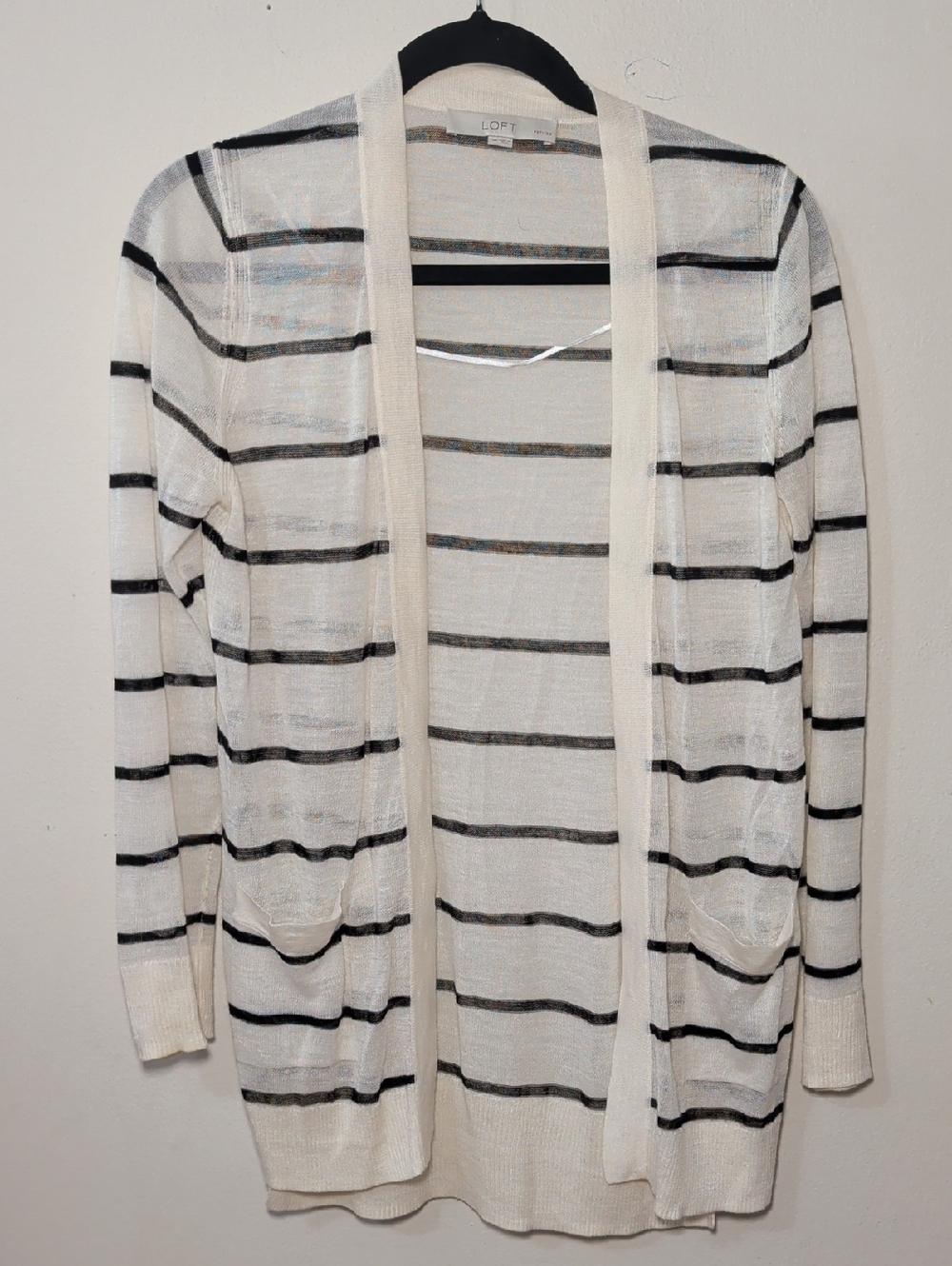 LOFT Cream + Black Striped Open Cardigan Ramie Blend Lightweight Women's Size MP